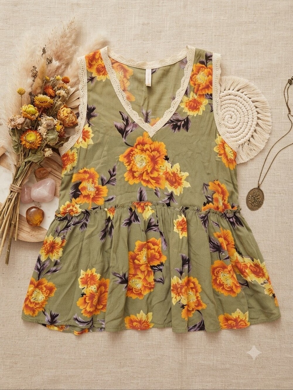 Kori Green Orange Floral Sleeveless Peplum Babydoll Blouse Top